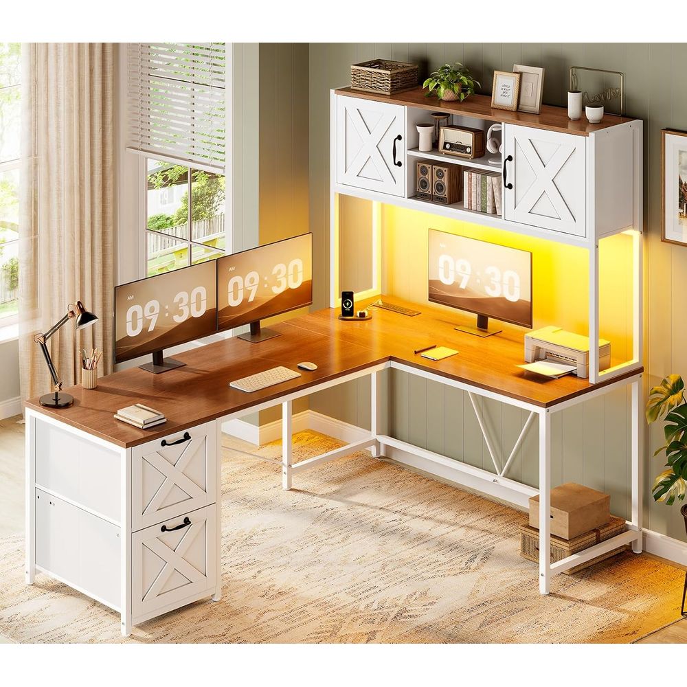 Home Office With Two Desks - Scrivania a L con mobiletto superiore,