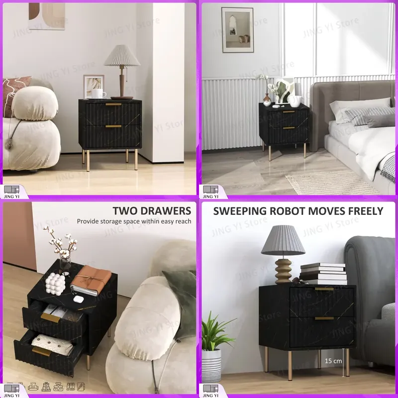 Home Office With Two Desks - Elegante Comodino a Due Cassetti Nero,