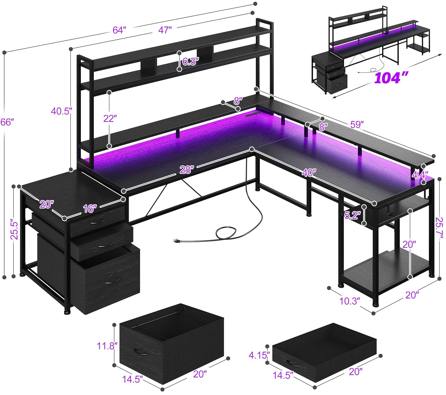 Home Office With Two Desks - Scrivania da Gaming a L 64x59
